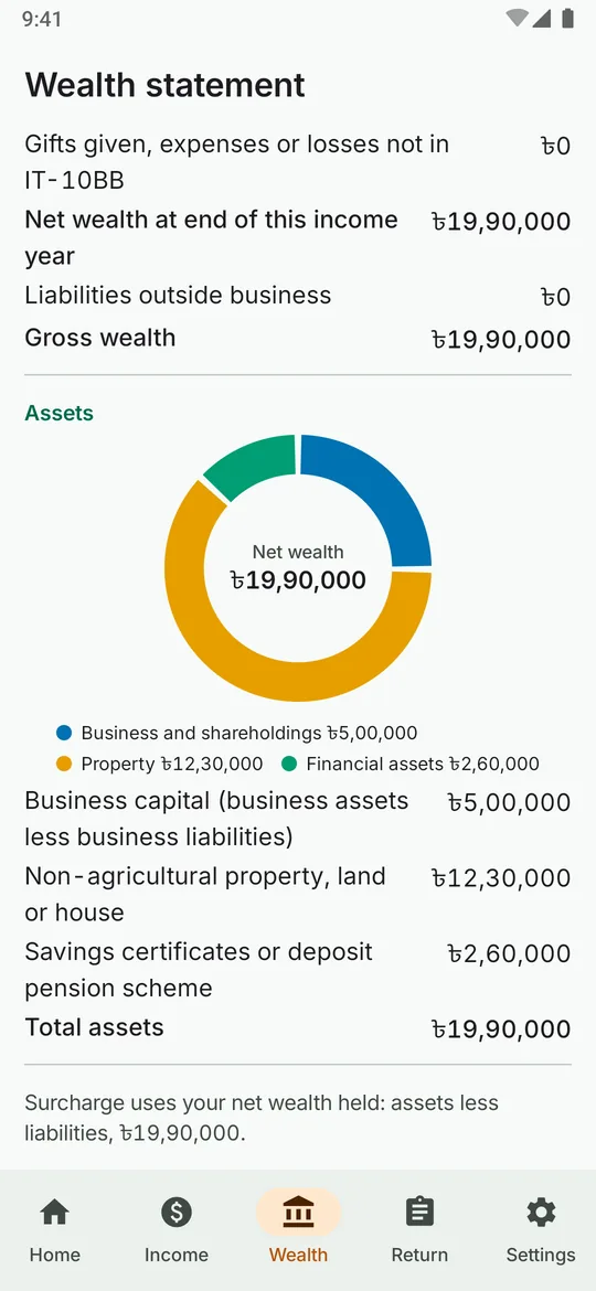 The wealth statement with a ring chart of assets by group.