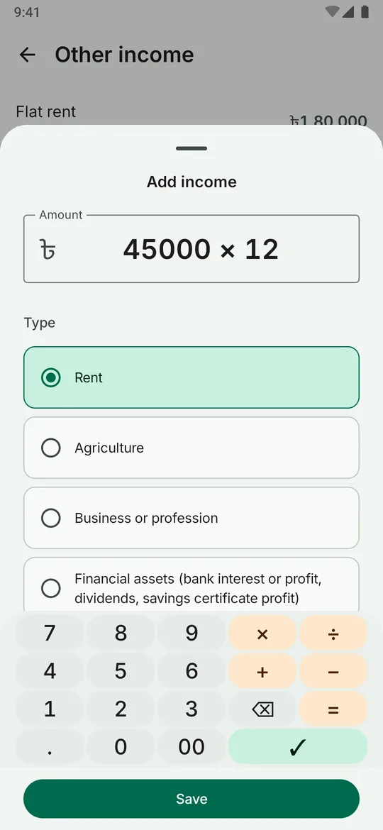 The add-income sheet with the calculator keypad open, showing 45,000 times 12.